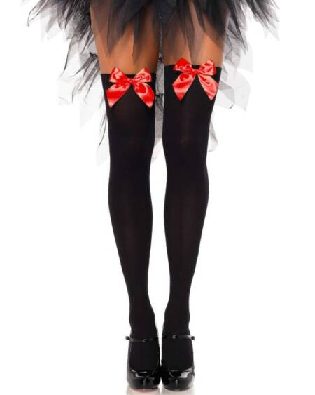 LEG AVENUE - BLACK NYLON THIGH HIGHS WITH RED BOW ONE SIZE