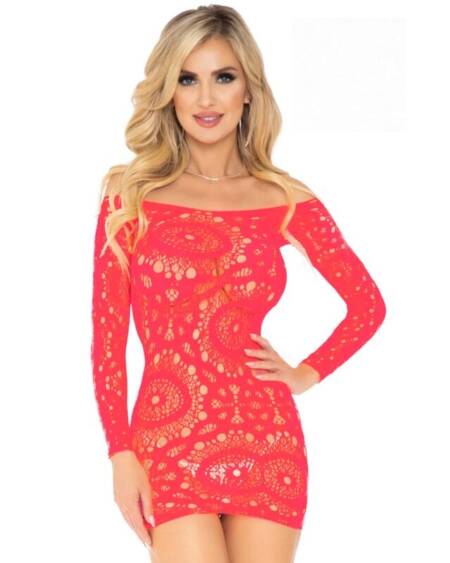 LEG AVENUE - CROCHET LACE LONG SLEEVE MINI DRESS RED ONE SIZE