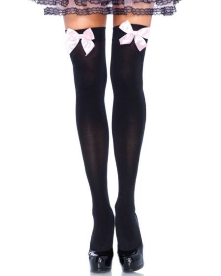 LEG AVENUE - BLACK NYLON THIGH HIGHS WITH PINK BOW ONE SIZE